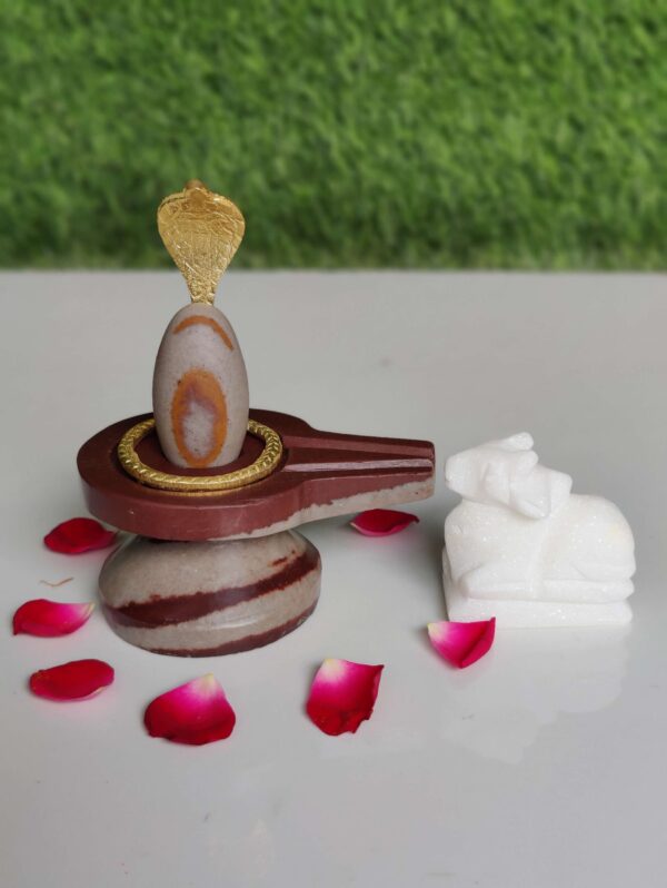 2 Inch Narmada Stone Lingam With 4 Inch Narmada Stone Damru Base Snake & nandi