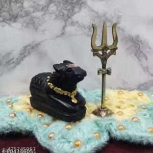 Shivam Vastukala Black Marble Nandi Ji Maharaj Bull Statue Idol Murti With Golden Lord Shiva Brass Trishul With Damru On Stand For Home Pooja Temple Shivratri Sawan Office Living Room Showpiece Black