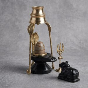 Natural Origanal Narmada Stone Shivling Naemadeshwar Shivling And Black Damru Jaladhari With Full Set For Worship At Home 2 Inch Lingam And 4 Inch Jaladhari Size 2 X 4