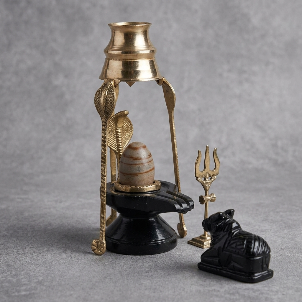Natural Origanal Narmada Stone Shivling Naemadeshwar Shivling And Black Damru Jaladhari With Full Set For Worship At Home 2 Inch Lingam And 4 Inch Jaladhari Size 2 X 4
