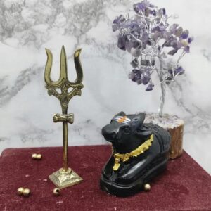 Shivam Vastukala Black Marble Nandi Ji Maharaj Bull Statue Idol Murti With Golden Lord Shiva Brass Trishul With Damru On Stand For Home Pooja Temple Shivratri Sawan Office Living Room Showpiece Black